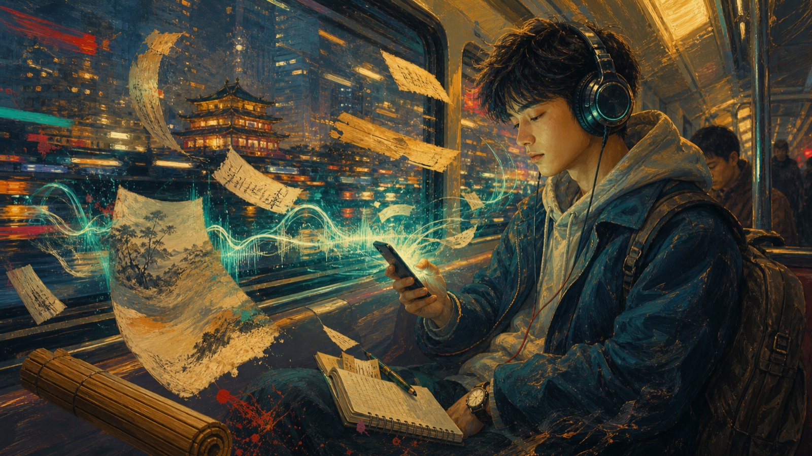 戴耳机在通勤途中听古代文学作品音频的油画场景